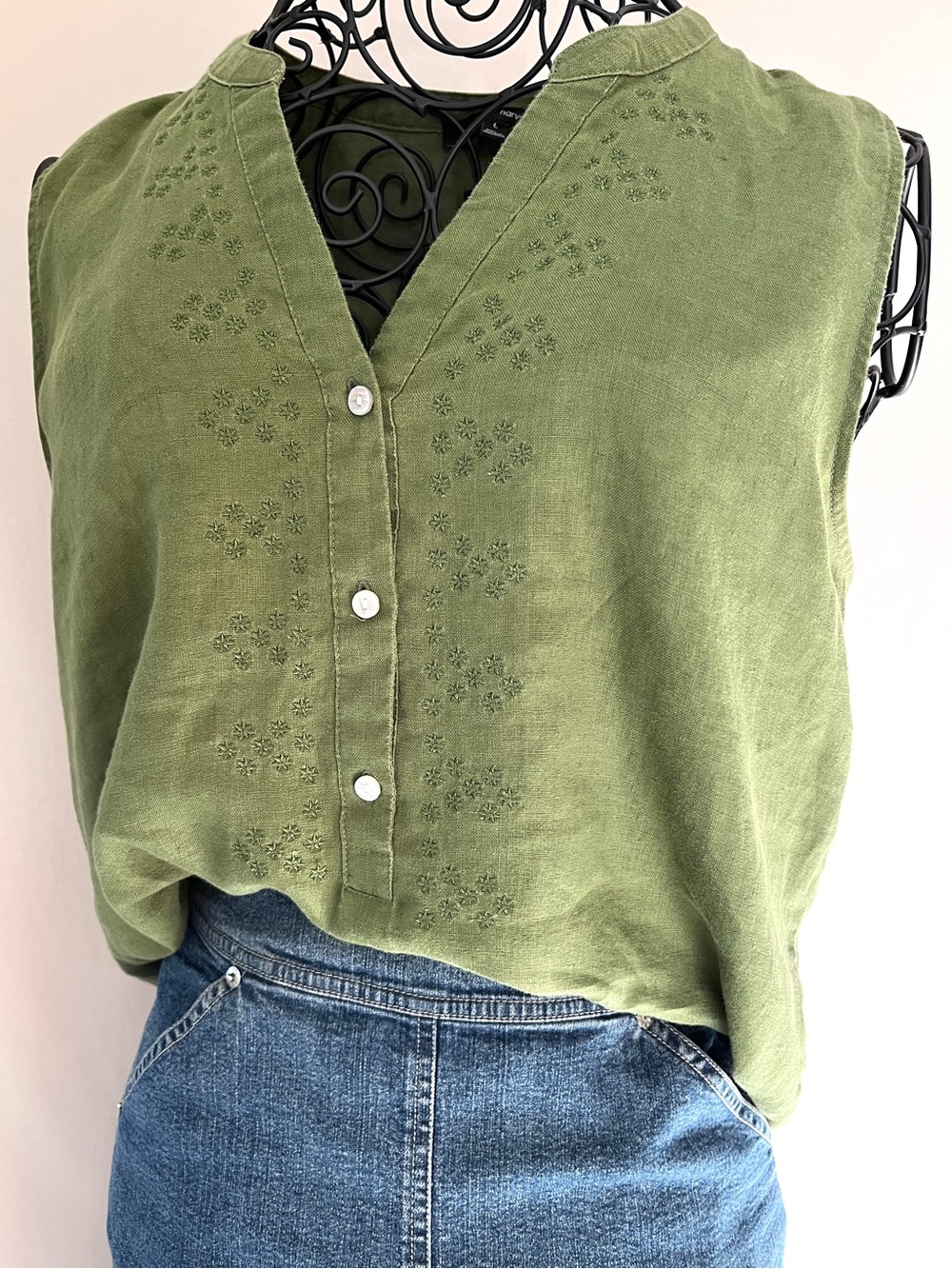 Harvé Benard 100% Linen Embroidered Olive Green Tunic Top L